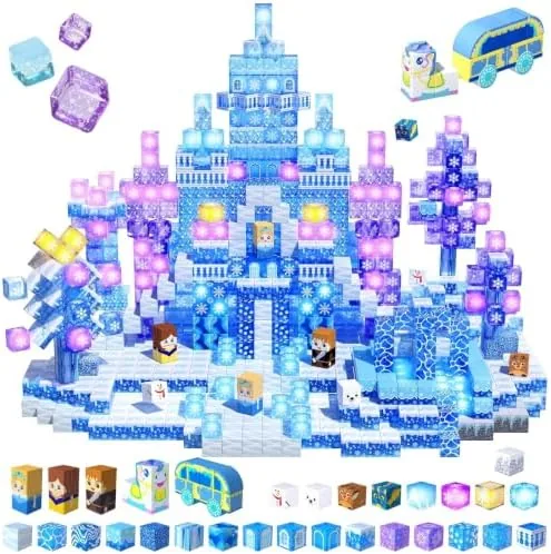 200 pcs light up magnetic blocks transparent magnetic building block for blue snow princess castle frozen magnet cubes stem toys for girls age 3 4 5 6 7 8 9 10 11 12 13 birthdays gift for kids