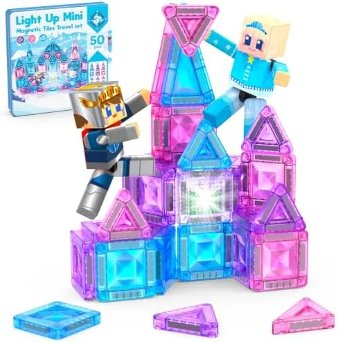 frozen mini magnetic tiles princess castle building toy 50pcs magnetic building blocks with 2 little action people magnetic action figures micro magnet travel toys for kids gifts for girls boys