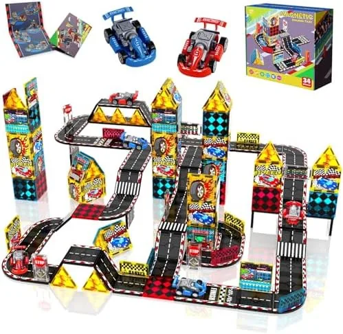 magnetic tiles road set rail race track with 2 racer cars magnetic car racing for kids ages 3 4 5 6 7 8 magnet building blocks stem toy birthday gifts for 3 years old boys girls