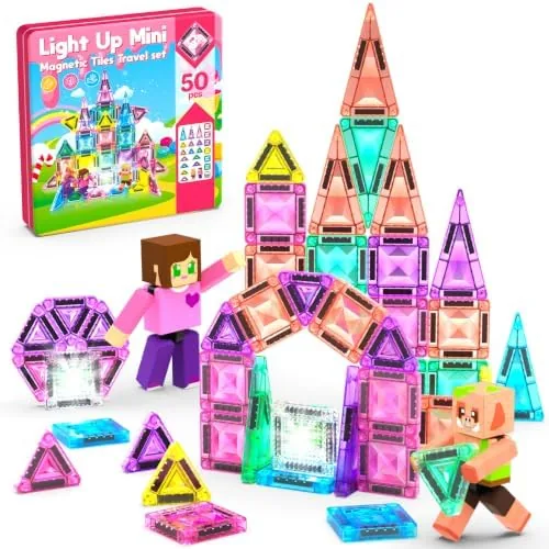 mini magnetic tiles with 2 little action people light up travel tiles with magnetic action figures for princess castle micro magnet portable toys for kids stem building set girl boy birthday gift